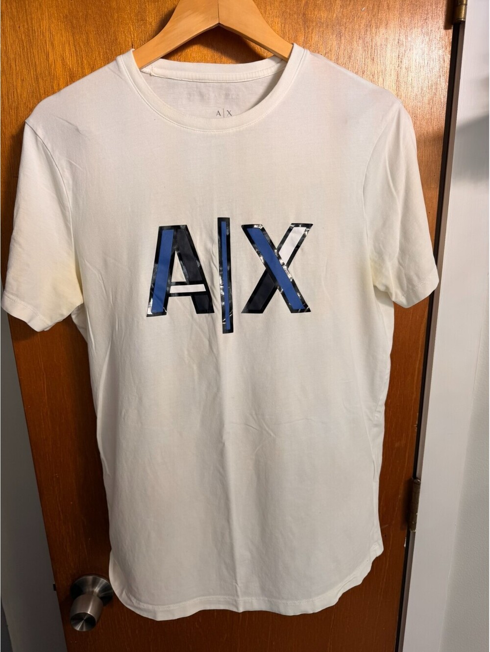 ARMANI EXCHANGE White & Blue AX LOGO Men's Size M Short Sleeve Slim Fit Designer